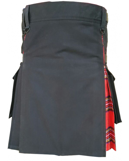 Black Cotton And RoyalStewert Tartan Hybrid Kilt