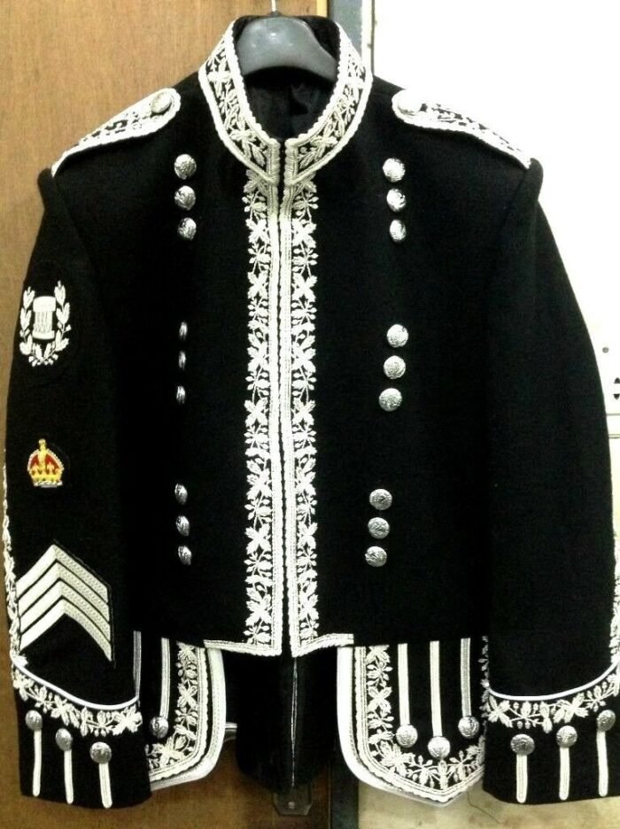 Drum Major Black Blazer Wool Doublet Silver Bullion Machine Embroidered