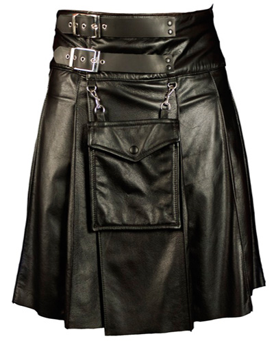 Black Leather Kilt Twin Cargo Pockets