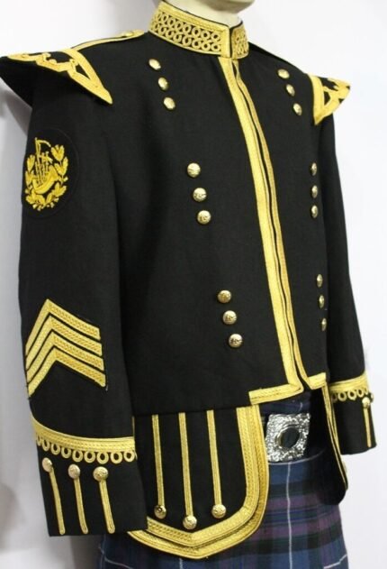 Pipe Major Doublet Black Blazer, Gold Braid & Trim. P/M badge, 4 strip chevron.