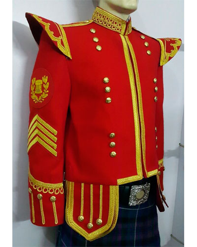 Drum Major Doublet Red Blazer, Gold Braid & Trim. D/M badge & 4 strip Chevron