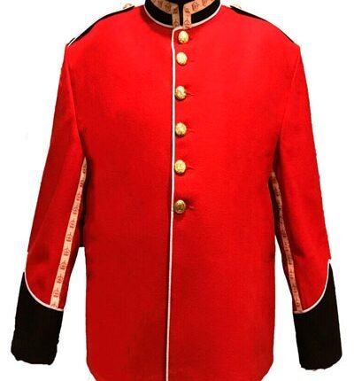 Band Jacket with crown tape & white piping. Red Blazer body. Gold thistle button