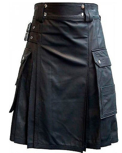 Black Leather Kilt Twin Cargo Pockets