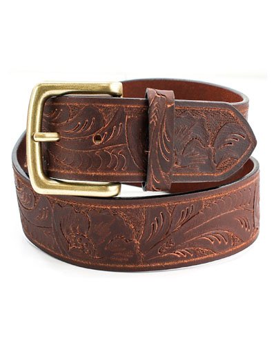 Leather Belt with Embossed Pattern - Brown