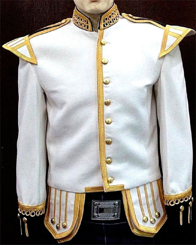 Piper Drummer Doublet White Blazer Gold Braid Trim Collar Shoulder Cuffs black