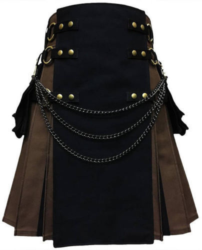 Scottish Hybrid Kilt interchangeable front apron Black and Brown Kilt