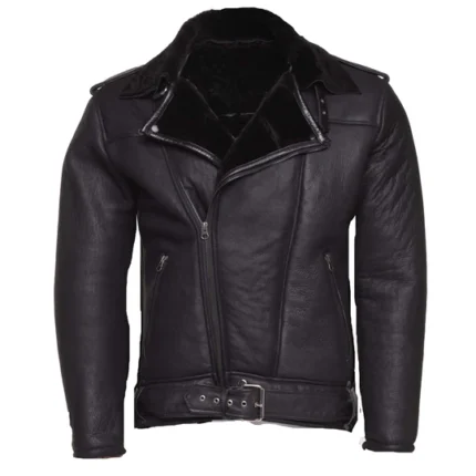 Black Shearling Biker Jacket with Belt