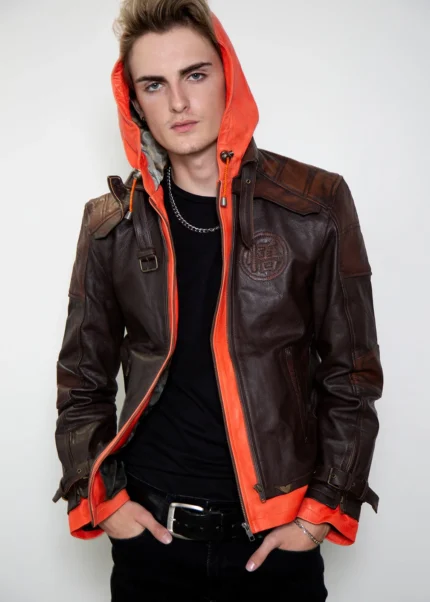 Mens Goku Orange Hood Brown Leather Jacket